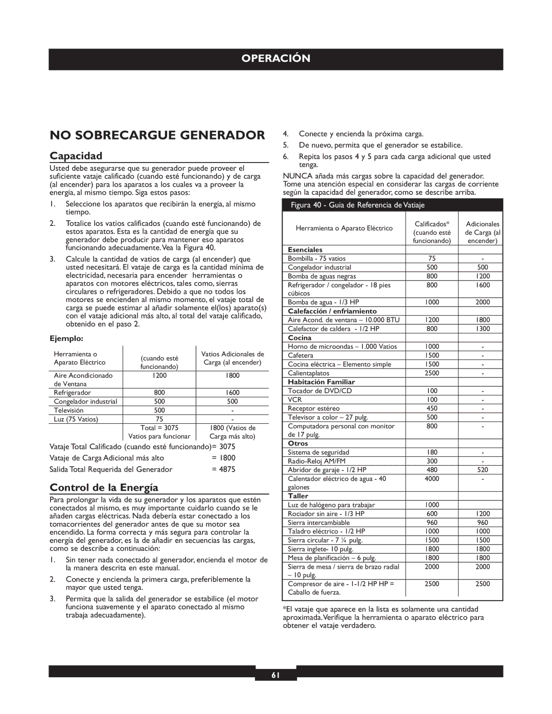 Briggs & Stratton 30236 manuel dutilisation No Sobrecargue Generador, Capacidad, Control de la Energía, Ejemplo 