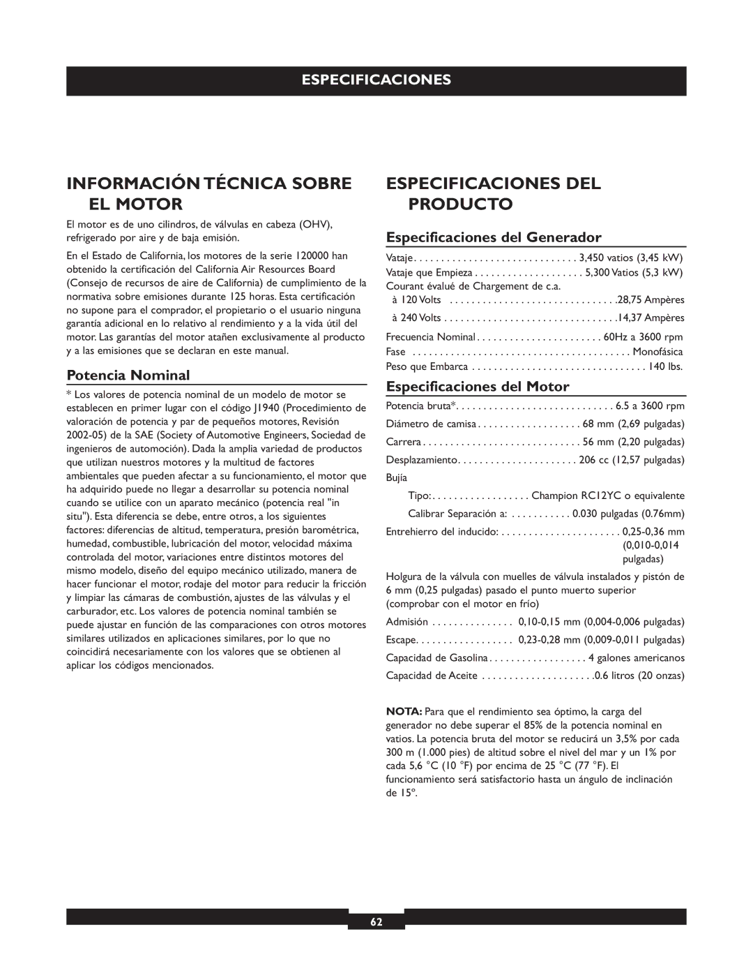 Briggs & Stratton 30236 Información Técnica Sobre EL Motor, Especificaciones DEL Producto, Potencia Nominal 