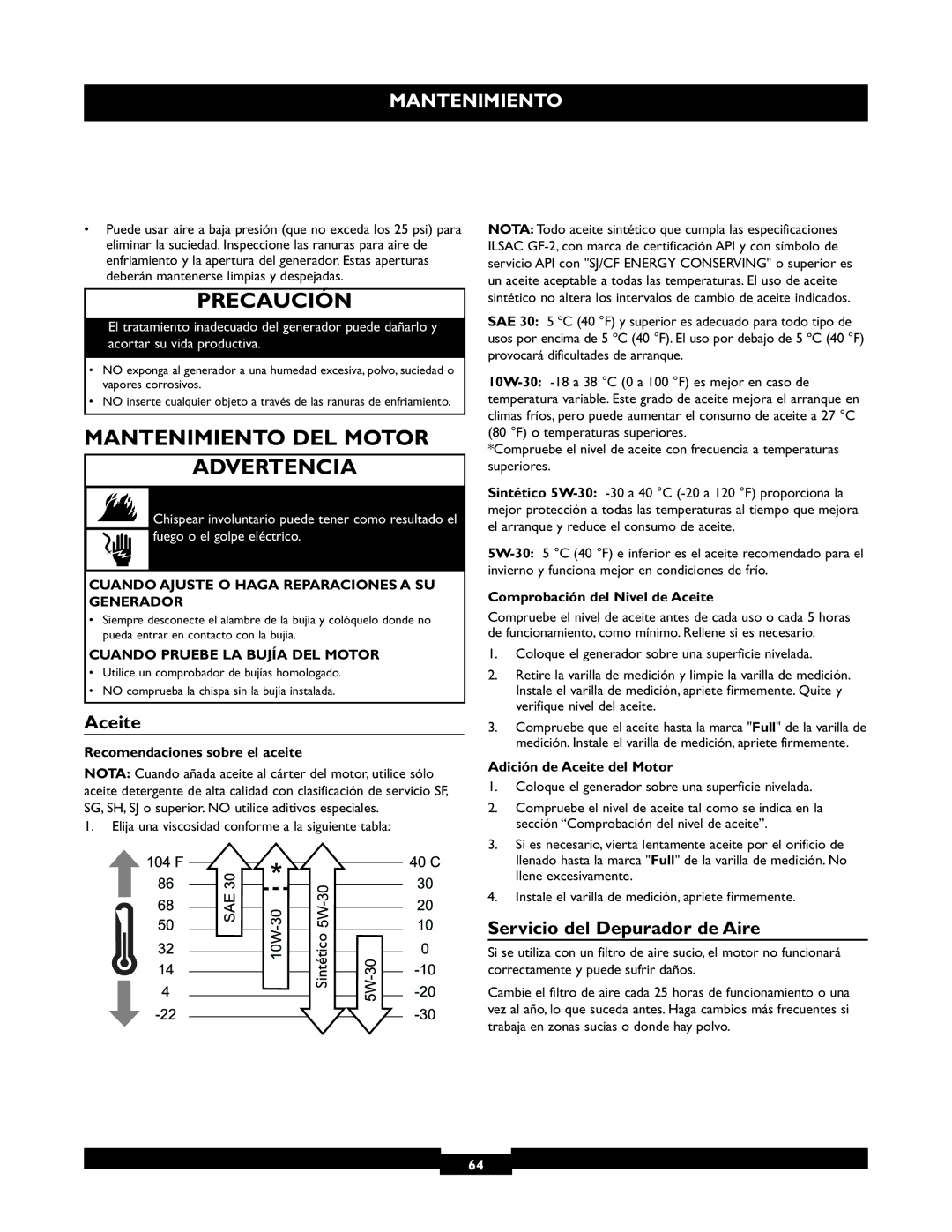 Briggs & Stratton 30236 manuel dutilisation Mantenimiento DEL Motor Advertencia, Aceite, Servicio del Depurador de Aire 