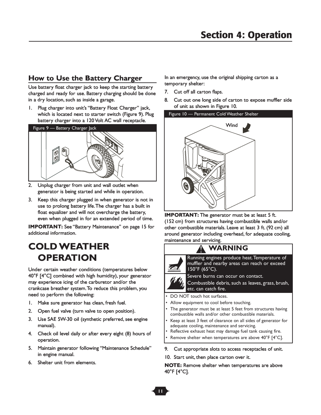 Briggs & Stratton 30237 Cold Weather Operation, How to Use the Battery Charger, Severe burns can occur on contact 