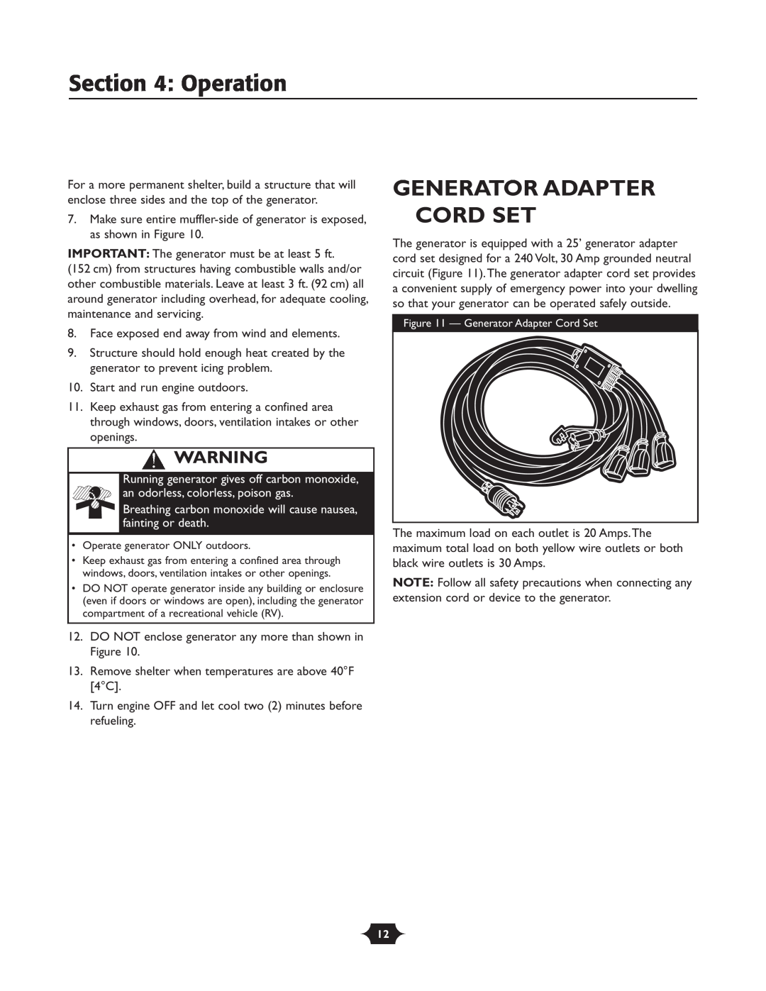 Briggs & Stratton 30237 owner manual Generator Adapter, Cord Set, Operation 