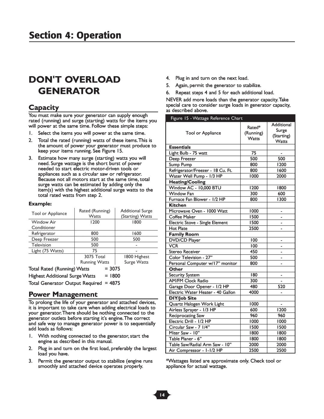 Briggs & Stratton 30237 owner manual Dont Overload Generator, Capacity, Power Management, Operation 