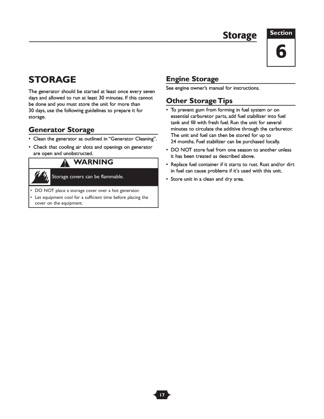Briggs & Stratton 30237 Generator Storage, Engine Storage, Other Storage Tips, Storage covers can be flammable 