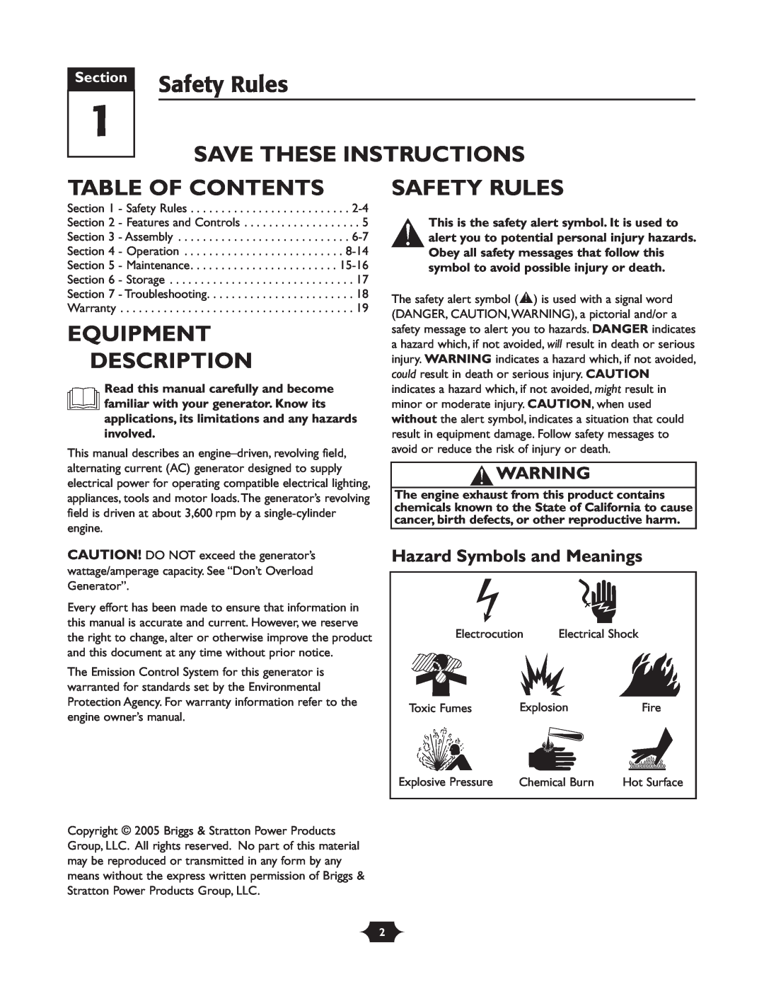 Briggs & Stratton 30237 Safety Rules, Save These Instructions, Table Of Contents, Equipment Description, Section 