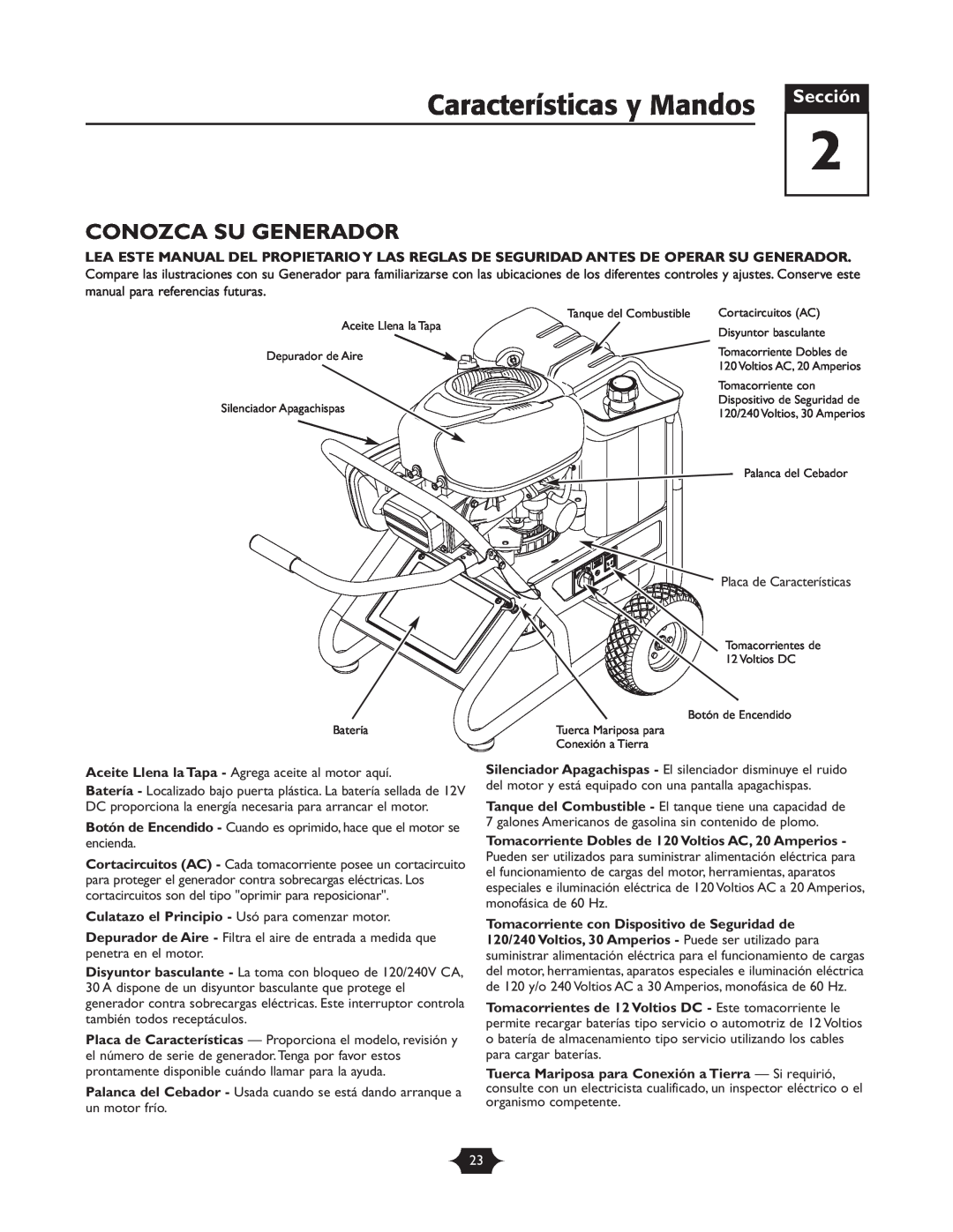 Briggs & Stratton 30237 owner manual Características y Mandos, Conozca Su Generador, Sección 