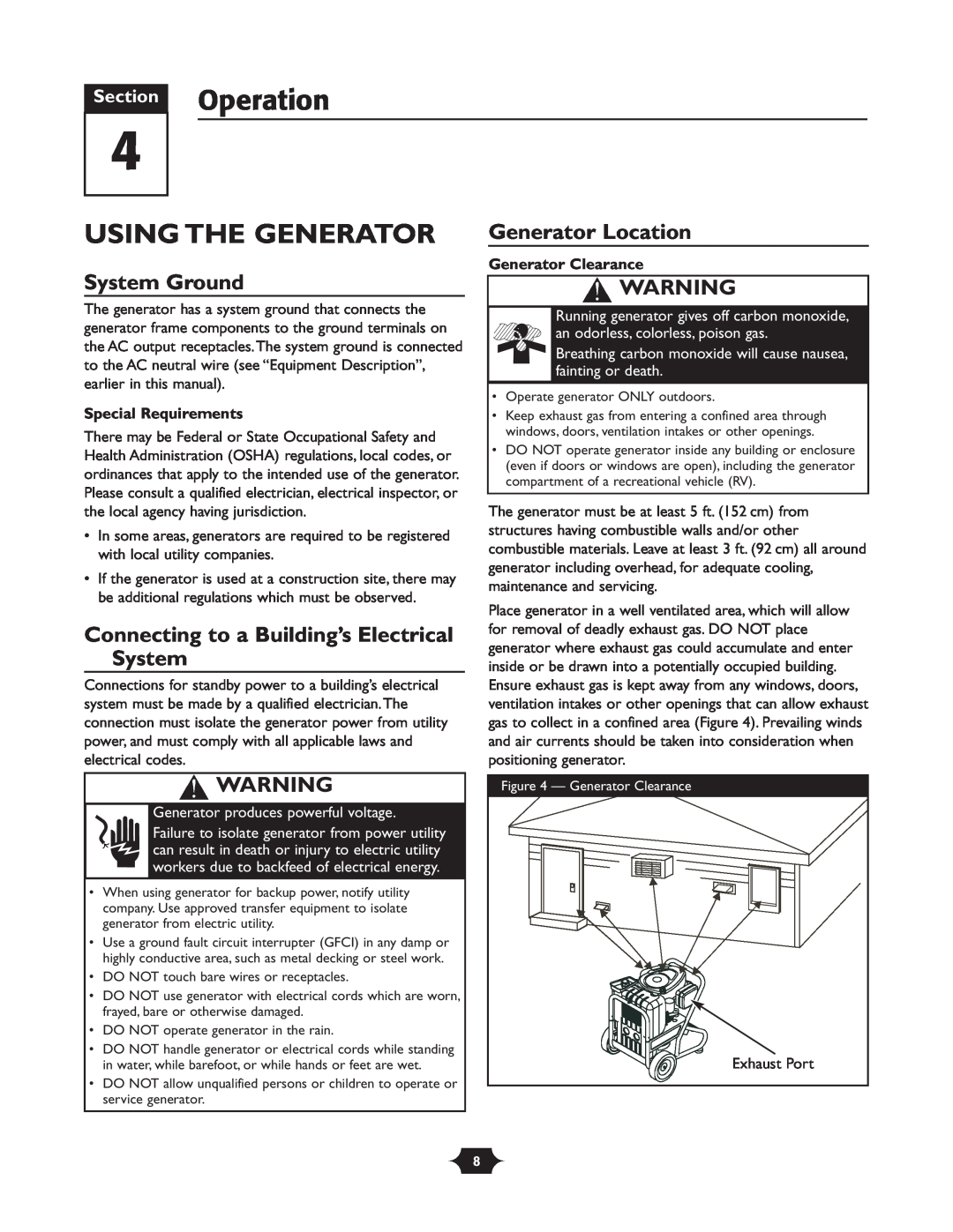 Briggs & Stratton 30237 owner manual Section Operation, Using The Generator, System Ground, Generator Location 