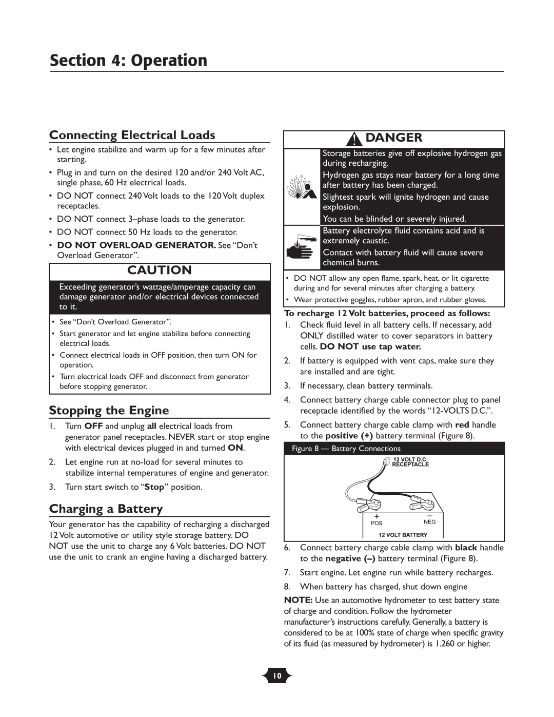 Briggs & Stratton 30237 owner manual Connecting Electrical Loads, Stopping the Engine, Charging a Battery 