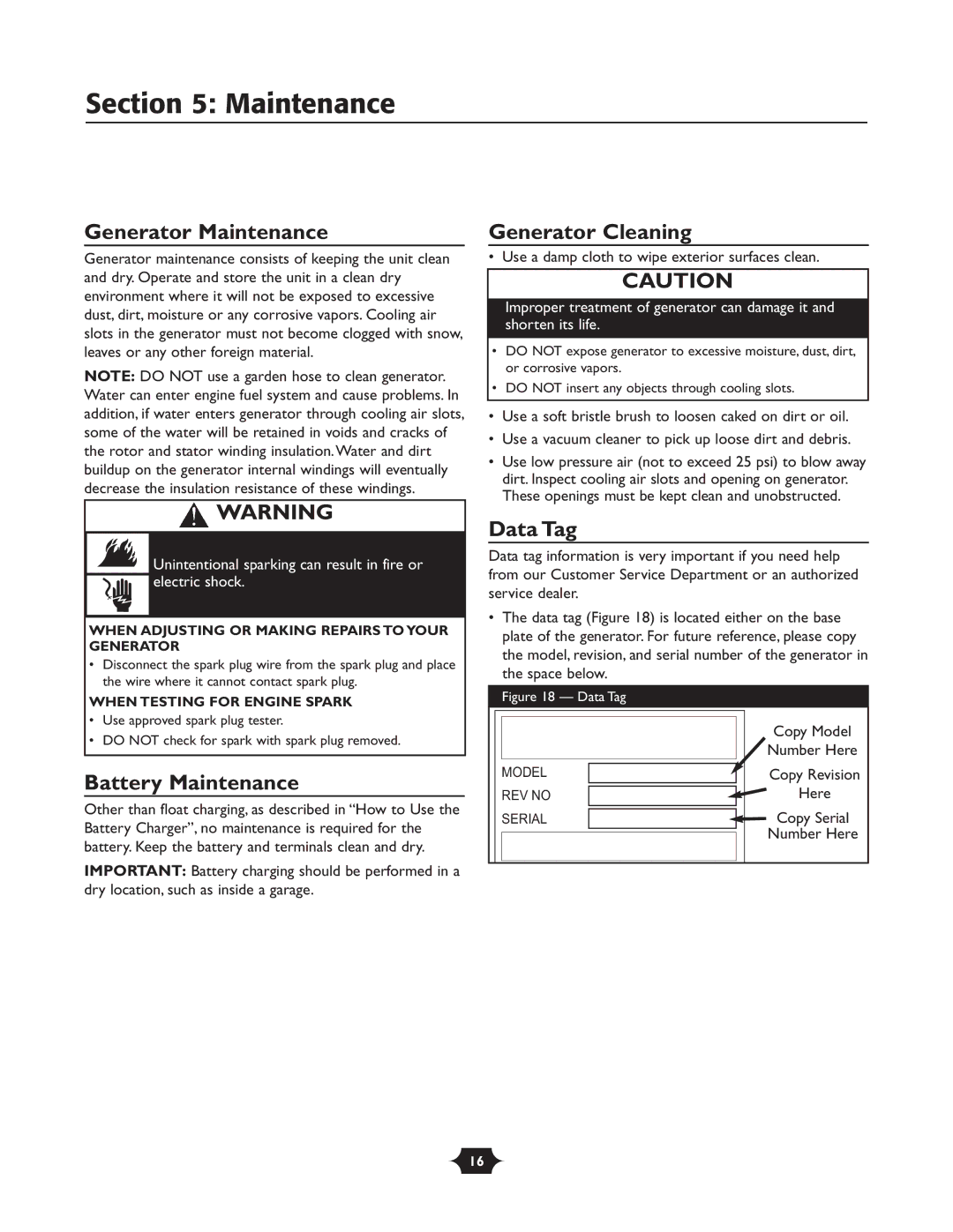 Briggs & Stratton 30237 owner manual Generator Maintenance, Battery Maintenance, Generator Cleaning, Data Tag 