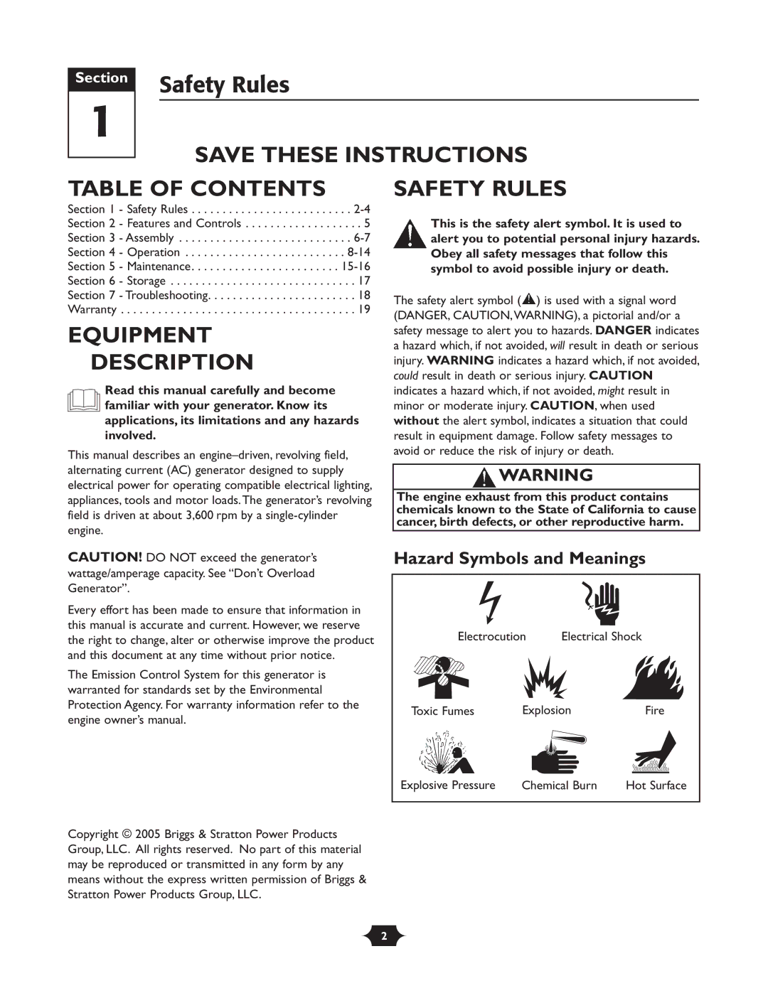 Briggs & Stratton 30237 owner manual Table of Contents, Equipment Description, Safety Rules 