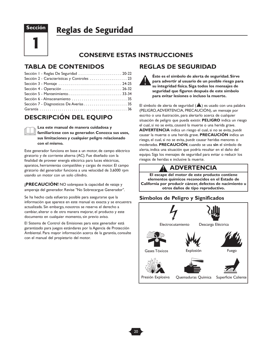 Briggs & Stratton 30237 Reglas de Seguridad, Conserve Estas Instrucciones Tabla DE Contenidos, Descripción DEL Equipo 