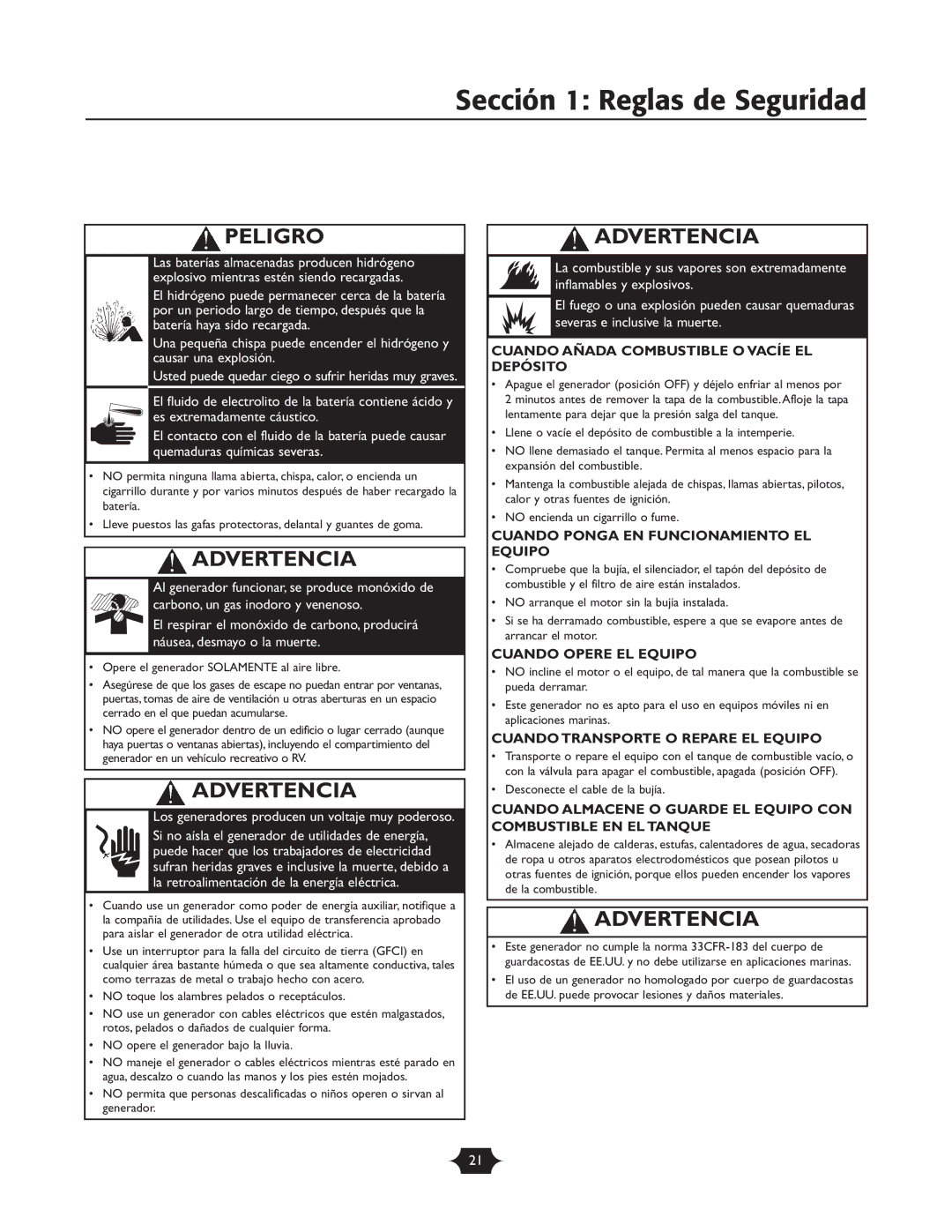 Briggs & Stratton 30237 owner manual Sección 1 Reglas de Seguridad, Peligro 