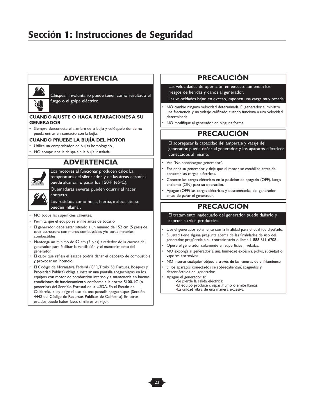 Briggs & Stratton 30237 Sección 1 Instrucciones de Seguridad, Precaución, Cuando Ajuste O Haga Reparaciones a SU Generador 