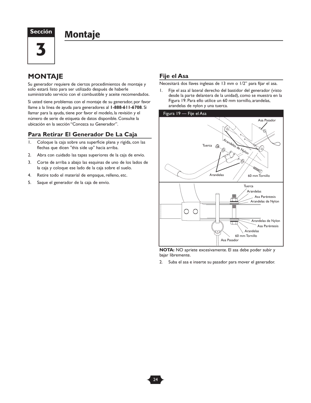 Briggs & Stratton 30237 owner manual Montaje, Para Retirar El Generador De La Caja, Fije el Asa 