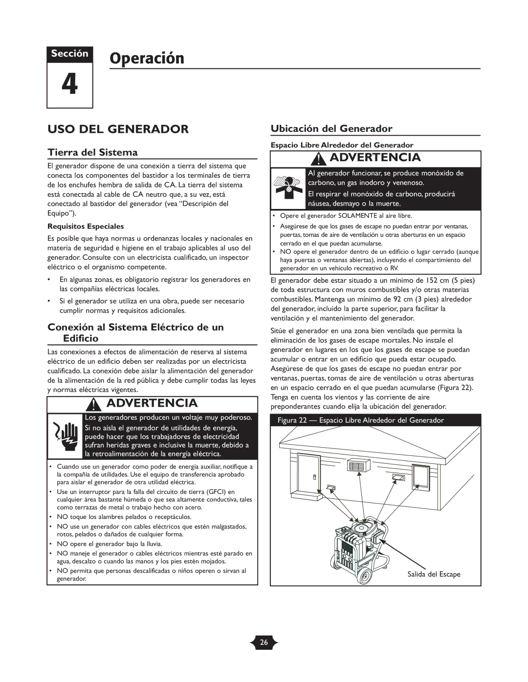 Briggs & Stratton 30237 owner manual Operación, USO DEL Generador, Tierra del Sistema, Ubicación del Generador 