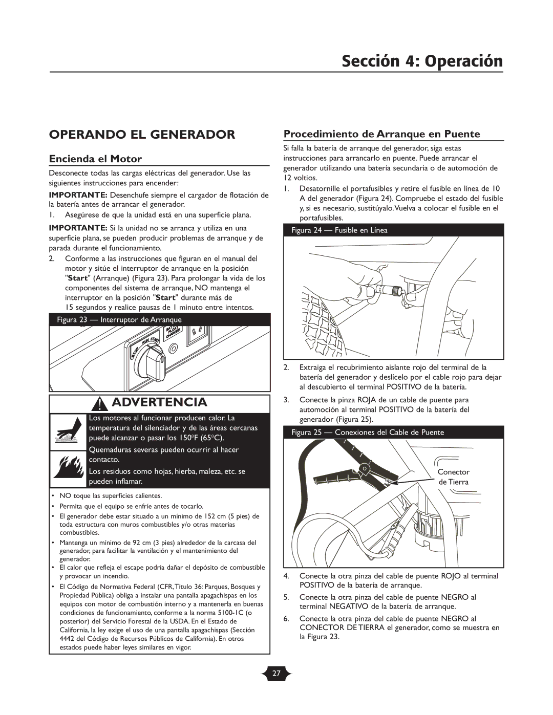 Briggs & Stratton 30237 Sección 4 Operación, Operando EL Generador, Encienda el Motor, Procedimiento de Arranque en Puente 