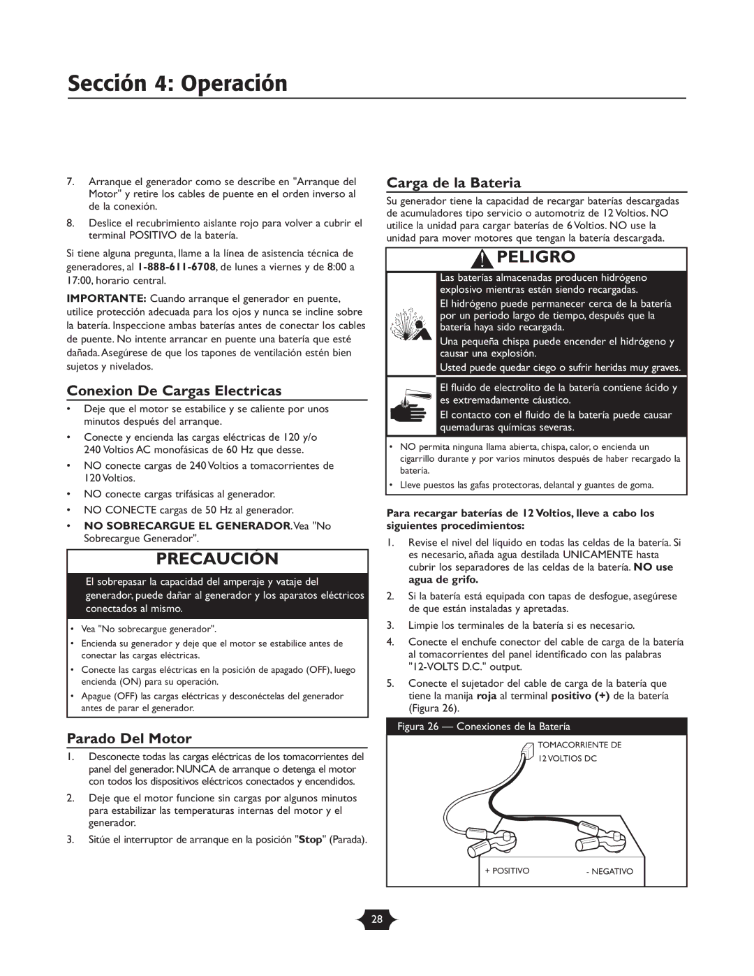 Briggs & Stratton 30237 owner manual Conexion De Cargas Electricas, Parado Del Motor, Carga de la Bateria 