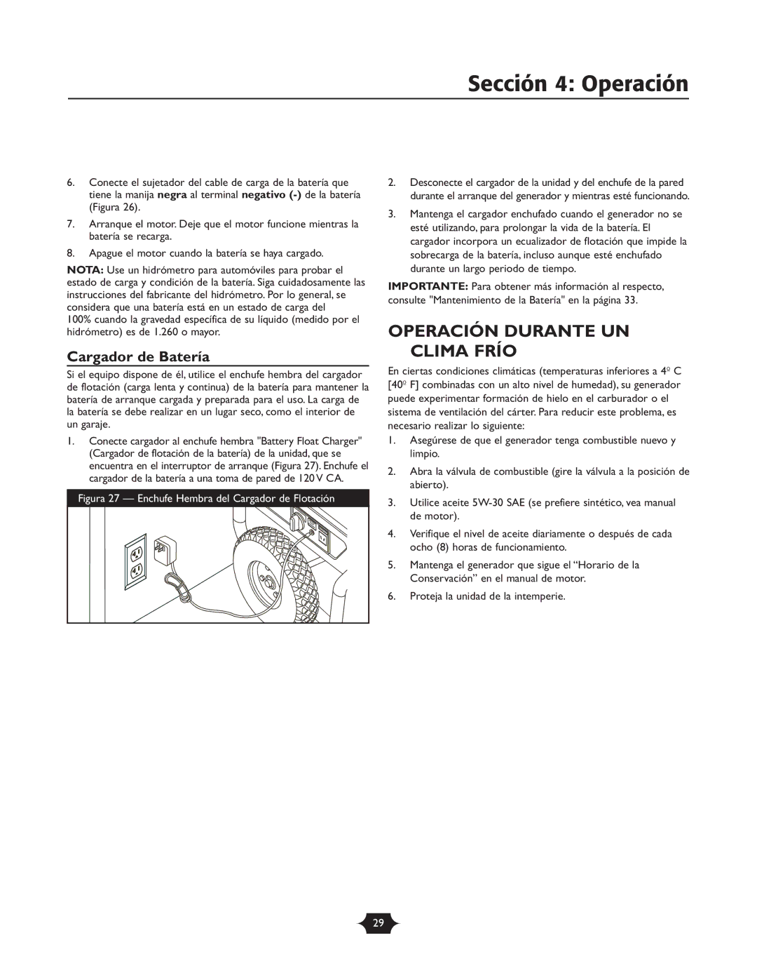 Briggs & Stratton 30237 owner manual Operación Durante UN Clima Frío, Cargador de Batería 