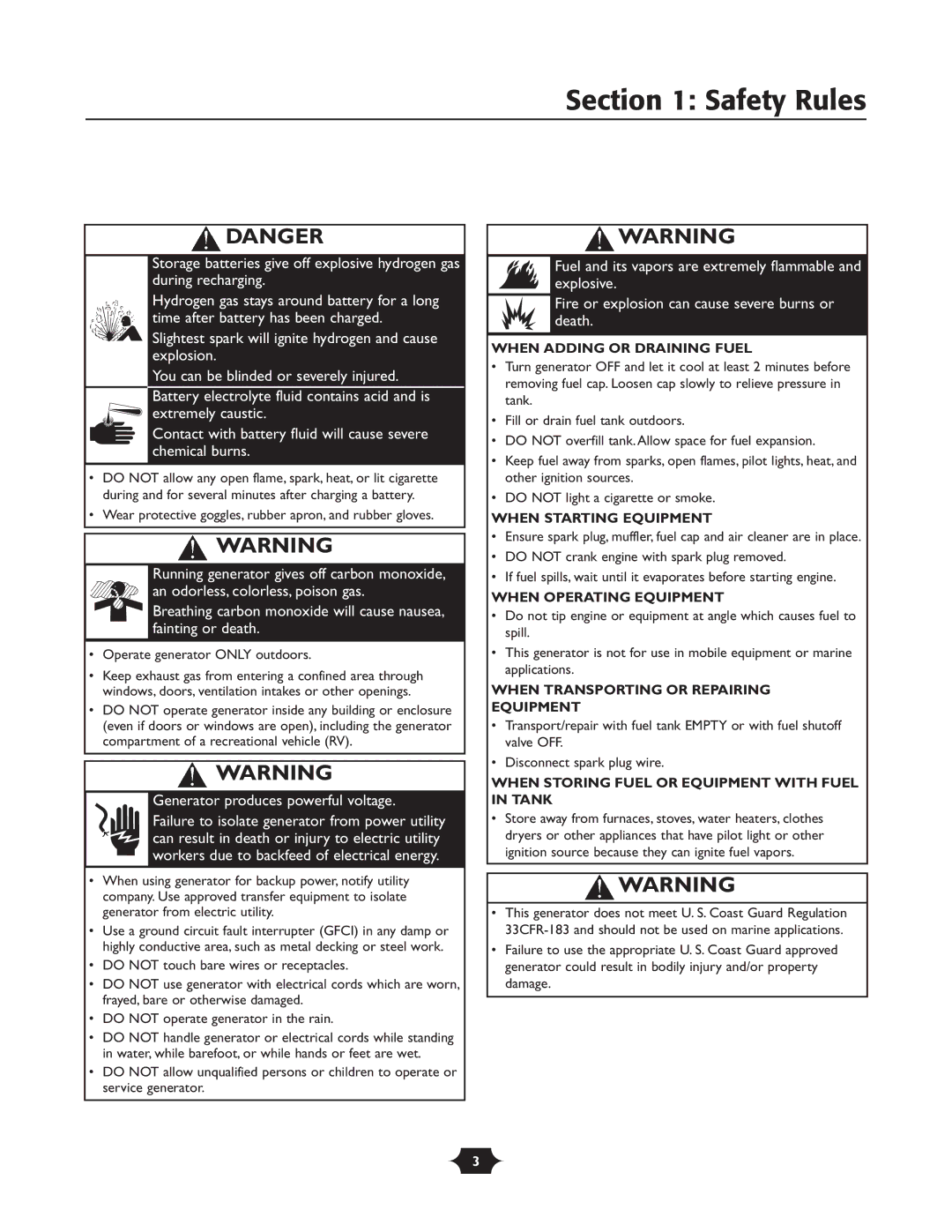 Briggs & Stratton 30237 owner manual When Adding or Draining Fuel, When Starting Equipment, When Operating Equipment 