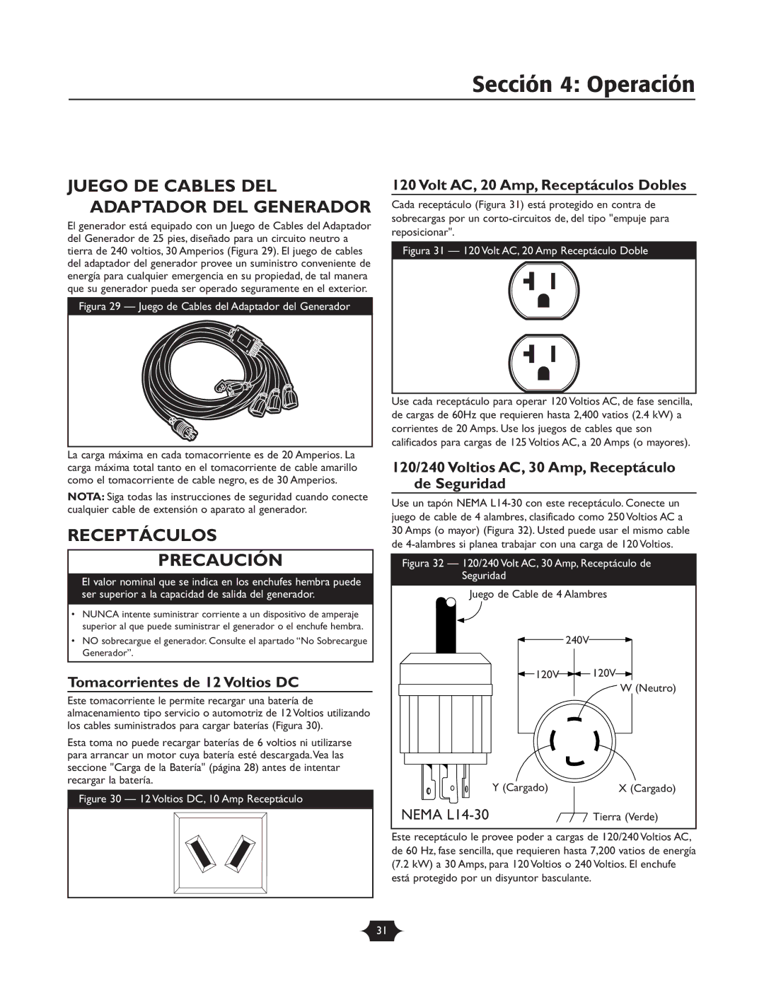 Briggs & Stratton 30237 owner manual Juego DE Cables DEL Adaptador DEL Generador, Receptáculos Precaución 