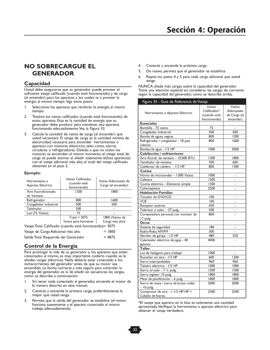 Briggs & Stratton 30237 owner manual No Sobrecargue EL Generador, Capacidad, Control de la Energía, Ejemplo 