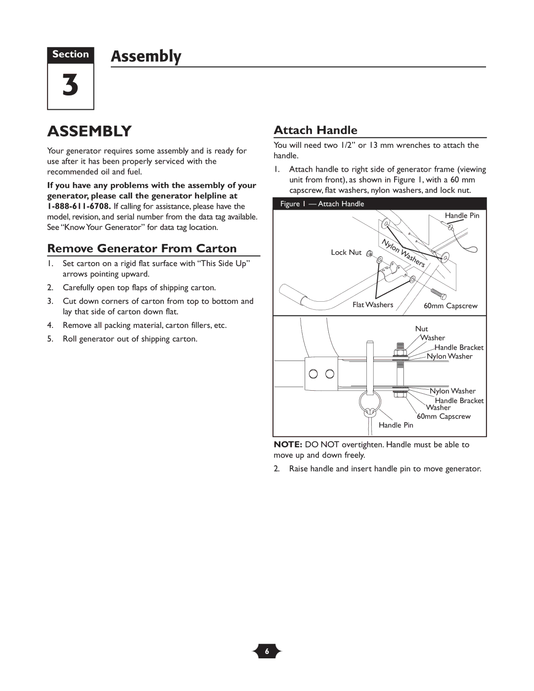 Briggs & Stratton 30237 owner manual Assembly, Remove Generator From Carton, Attach Handle 