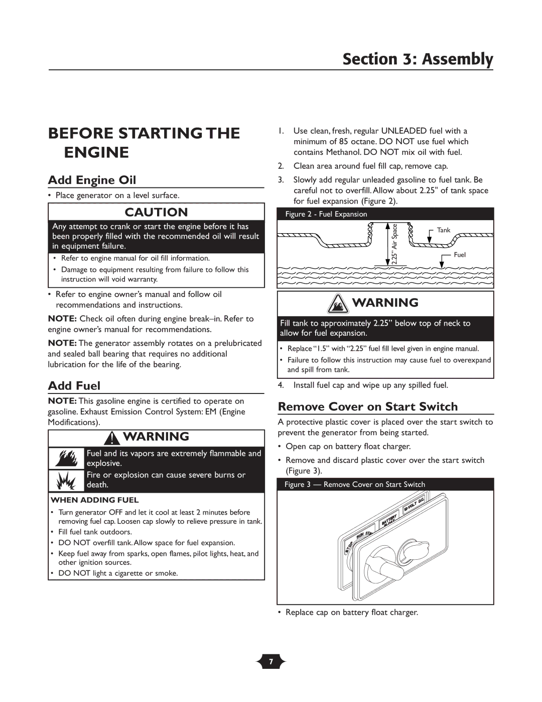 Briggs & Stratton 30237 Assembly, Before Starting the Engine, Add Engine Oil, Add Fuel, Remove Cover on Start Switch 