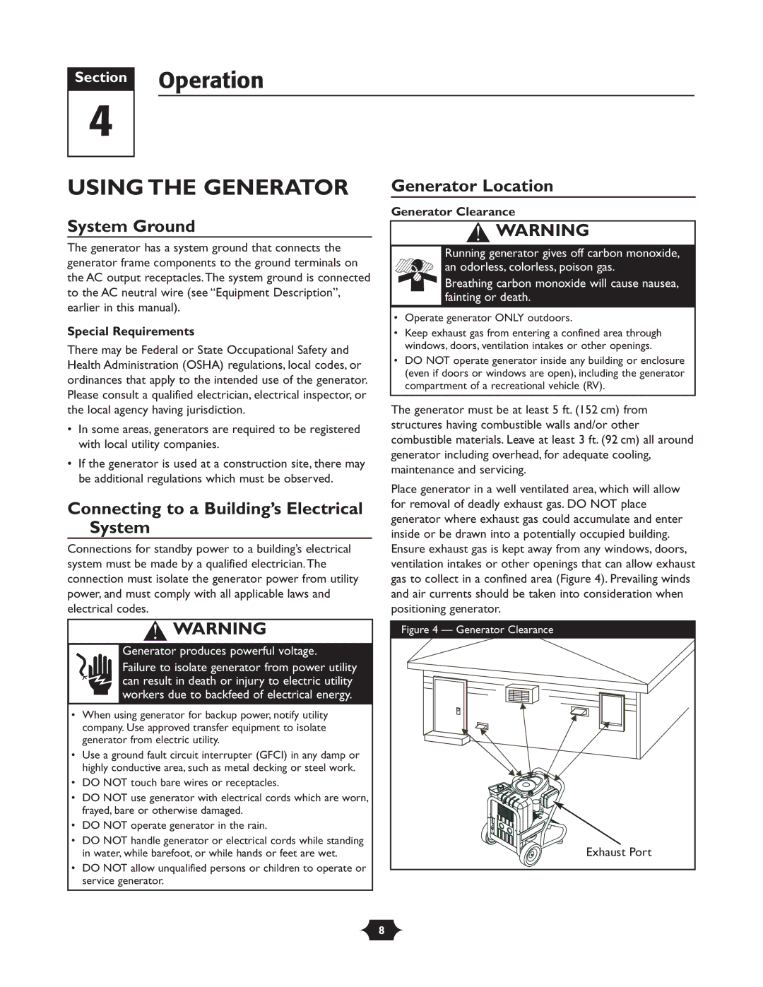 Briggs & Stratton 30237 owner manual Section Operation, Using the Generator, System Ground, Generator Location 