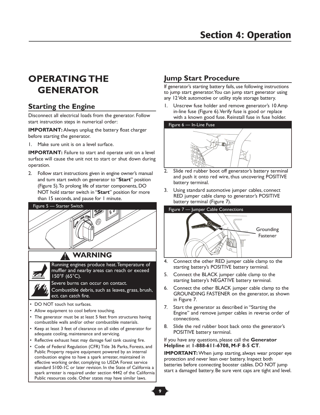 Briggs & Stratton 30237 Operation, Operating the Generator, Jump Start Procedure, Starting the Engine, Grounding 