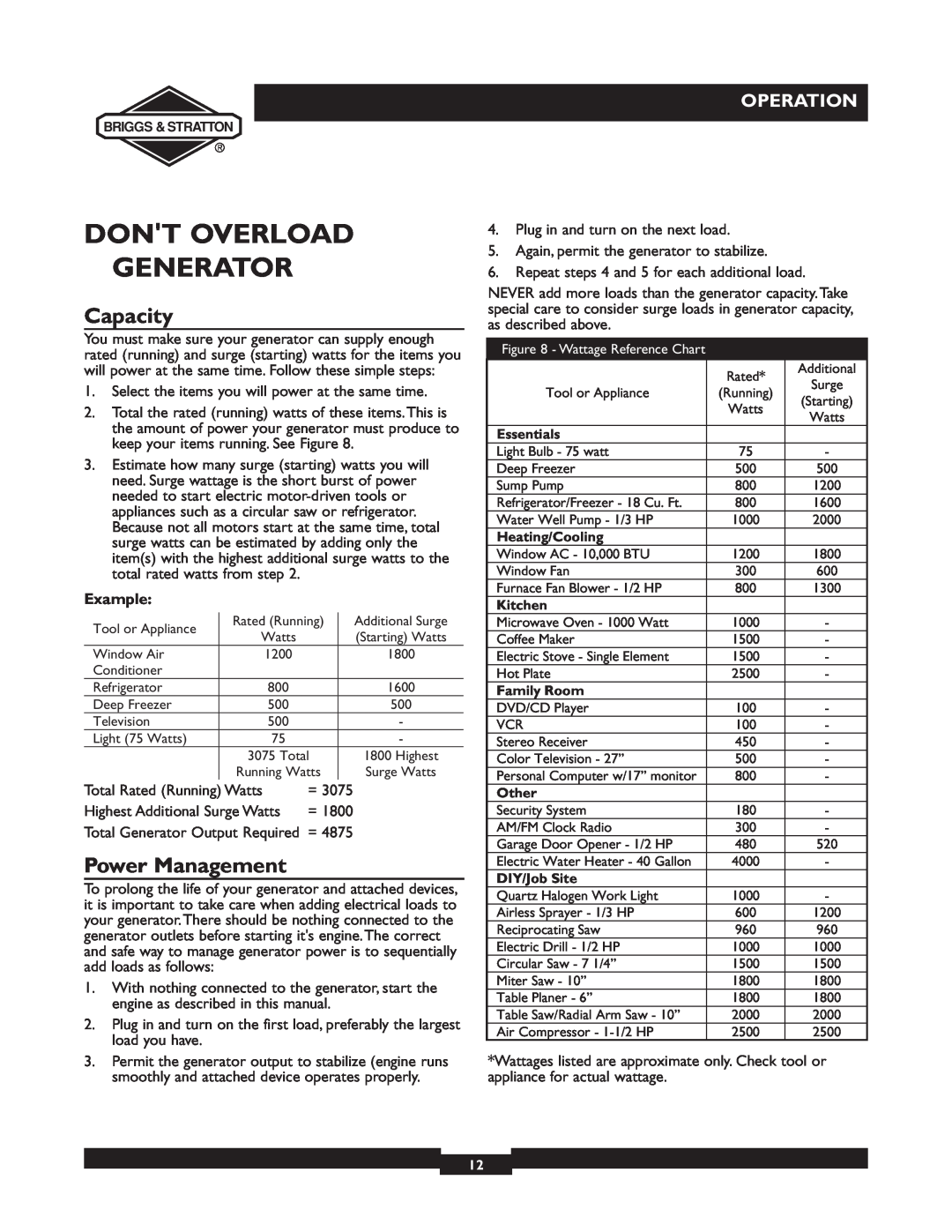 Briggs & Stratton 30238 owner manual Dont Overload Generator, Capacity, Power Management, Operation 