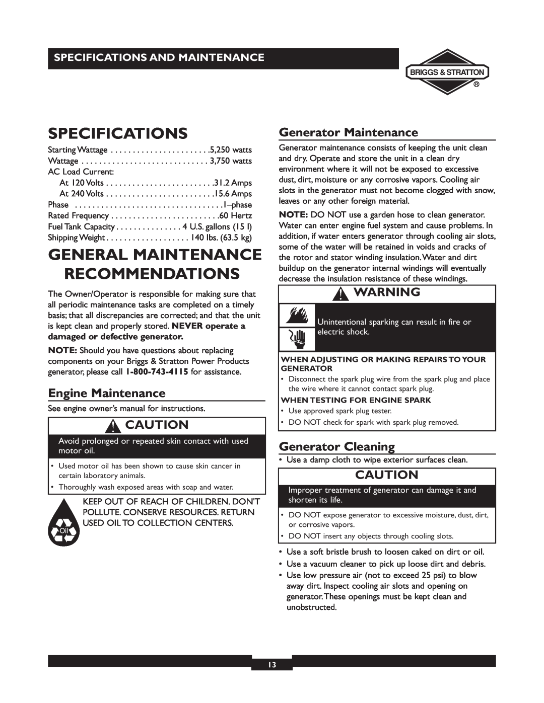 Briggs & Stratton 30238 Specifications, General Maintenance Recommendations, Engine Maintenance, Generator Maintenance 
