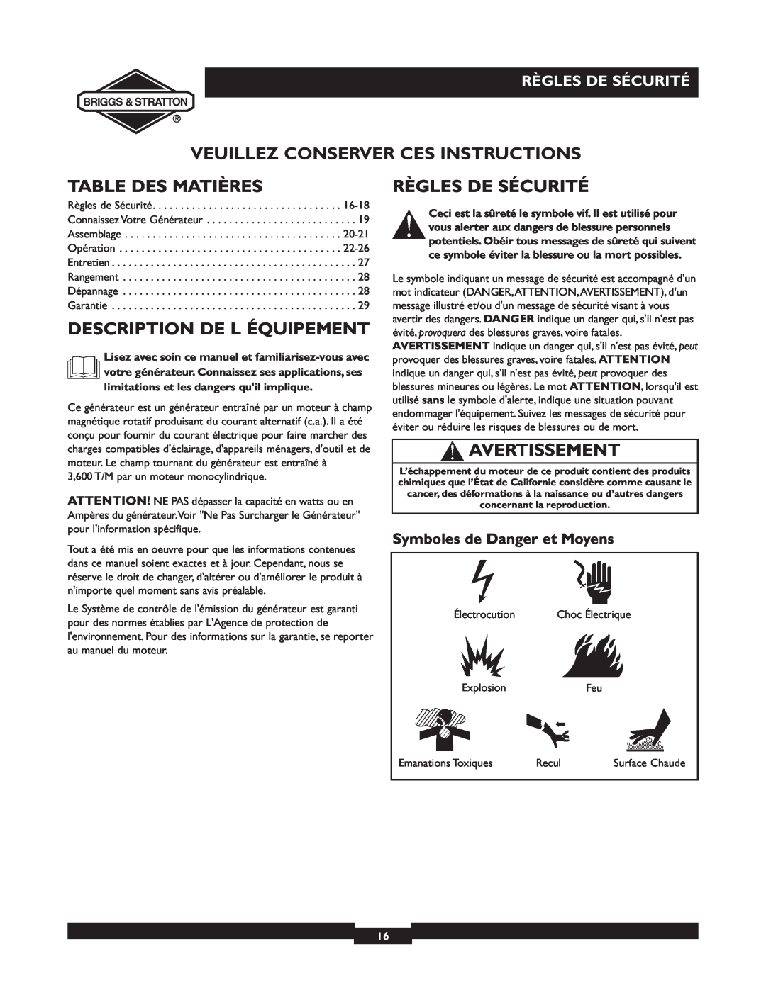 Briggs & Stratton 30238 owner manual Veuillez Conserver Ces Instructions, Table Des Matières, Description De L Équipement 