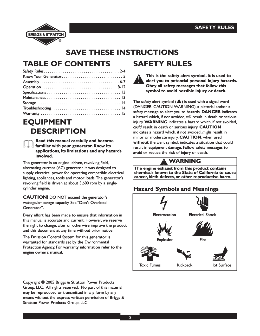 Briggs & Stratton 30238 owner manual Save These Instructions, Table Of Contents, Equipment Description, Safety Rules 