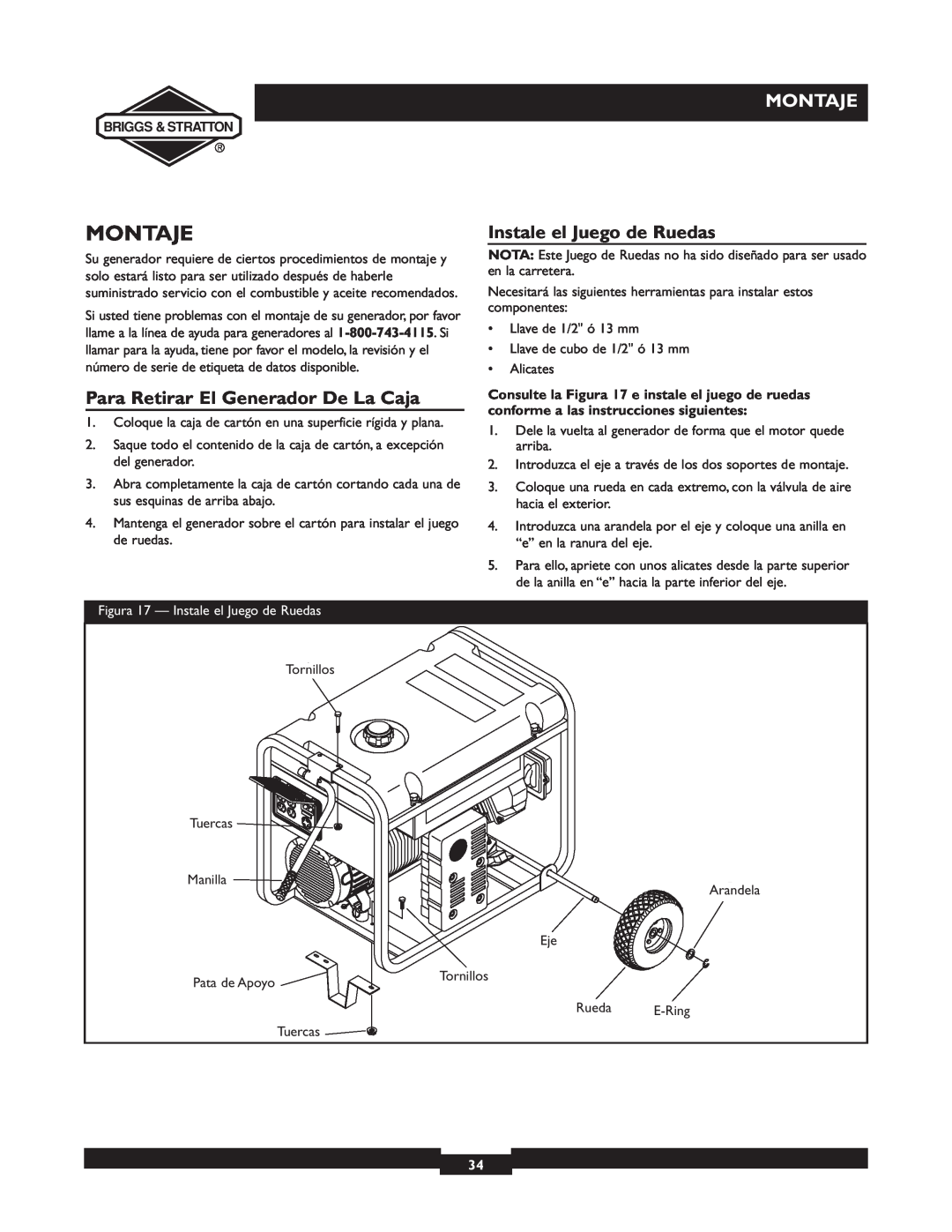 Briggs & Stratton 30238 owner manual Montaje, Instale el Juego de Ruedas, Para Retirar El Generador De La Caja 