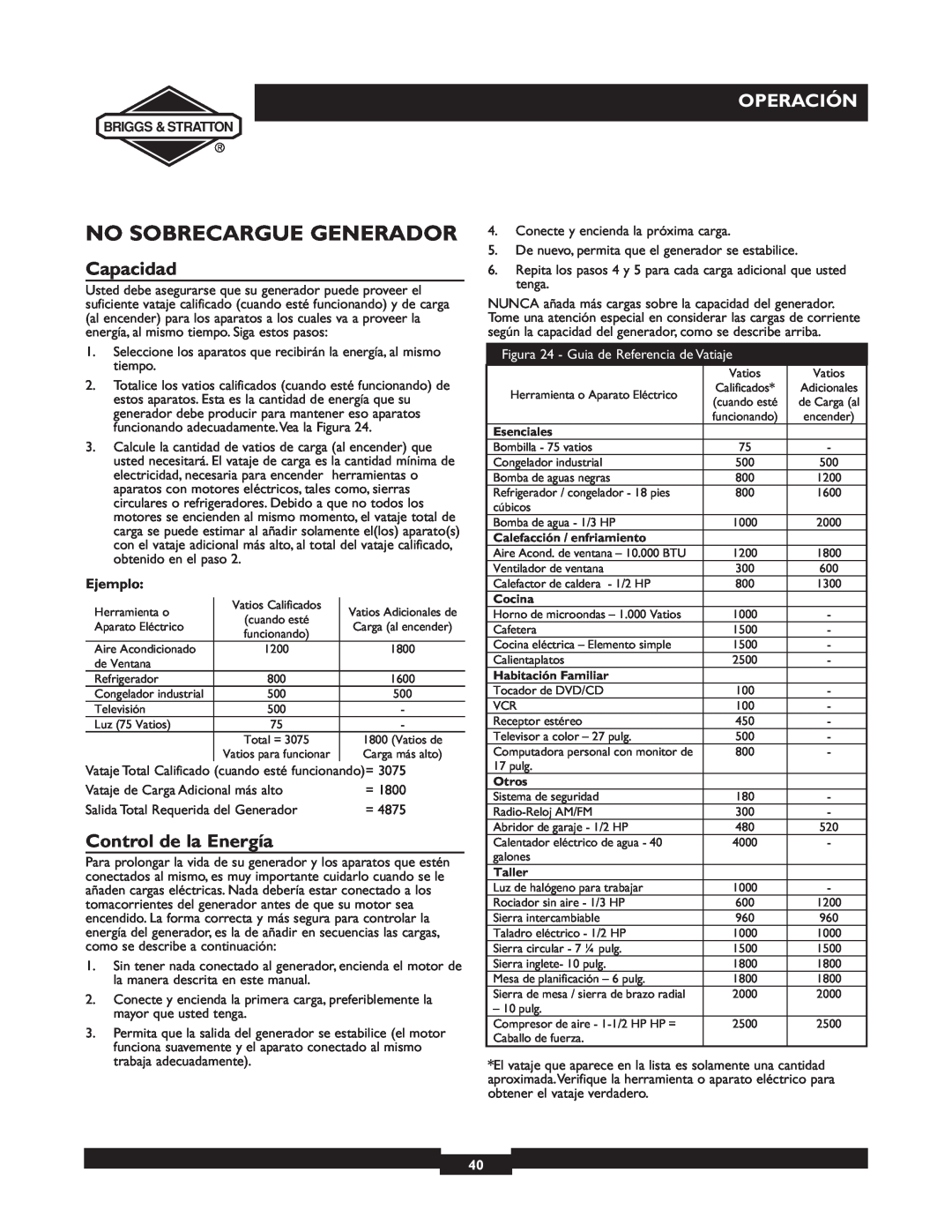 Briggs & Stratton 30238 owner manual No Sobrecargue Generador, Capacidad, Control de la Energía, Operación, Ejemplo 