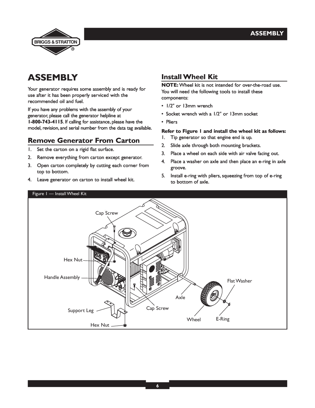 Briggs & Stratton 30238 owner manual Assembly, Install Wheel Kit, Remove Generator From Carton 