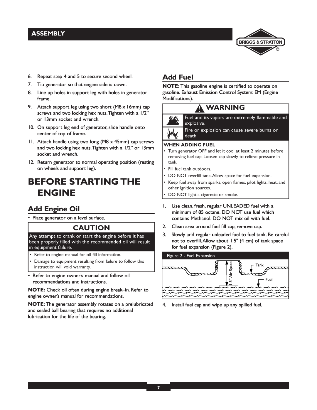 Briggs & Stratton 30238 owner manual Before Starting The Engine, Add Engine Oil, Add Fuel, Assembly 