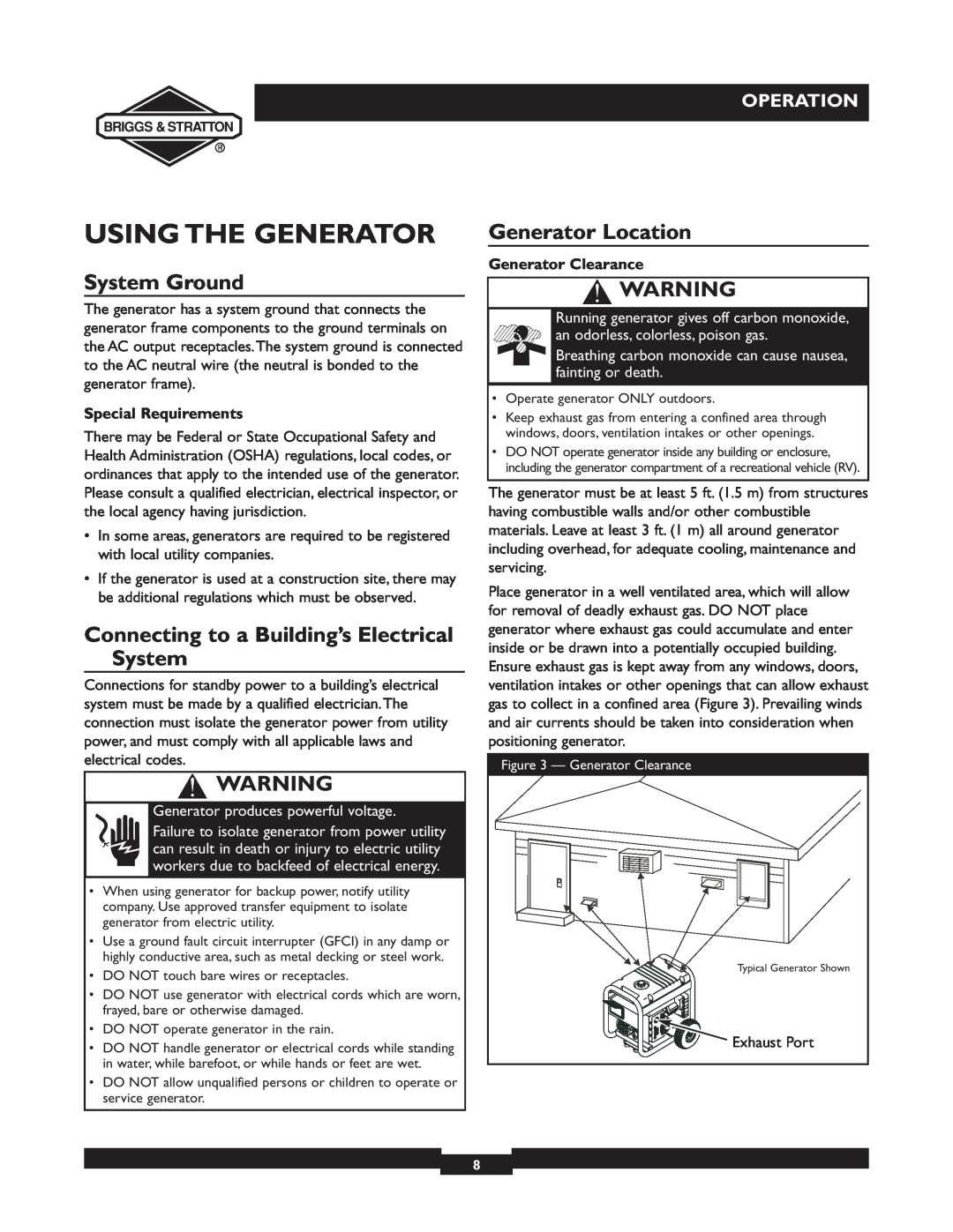 Briggs & Stratton 30238 Using The Generator, System Ground, Connecting to a Building’s Electrical System, Operation 
