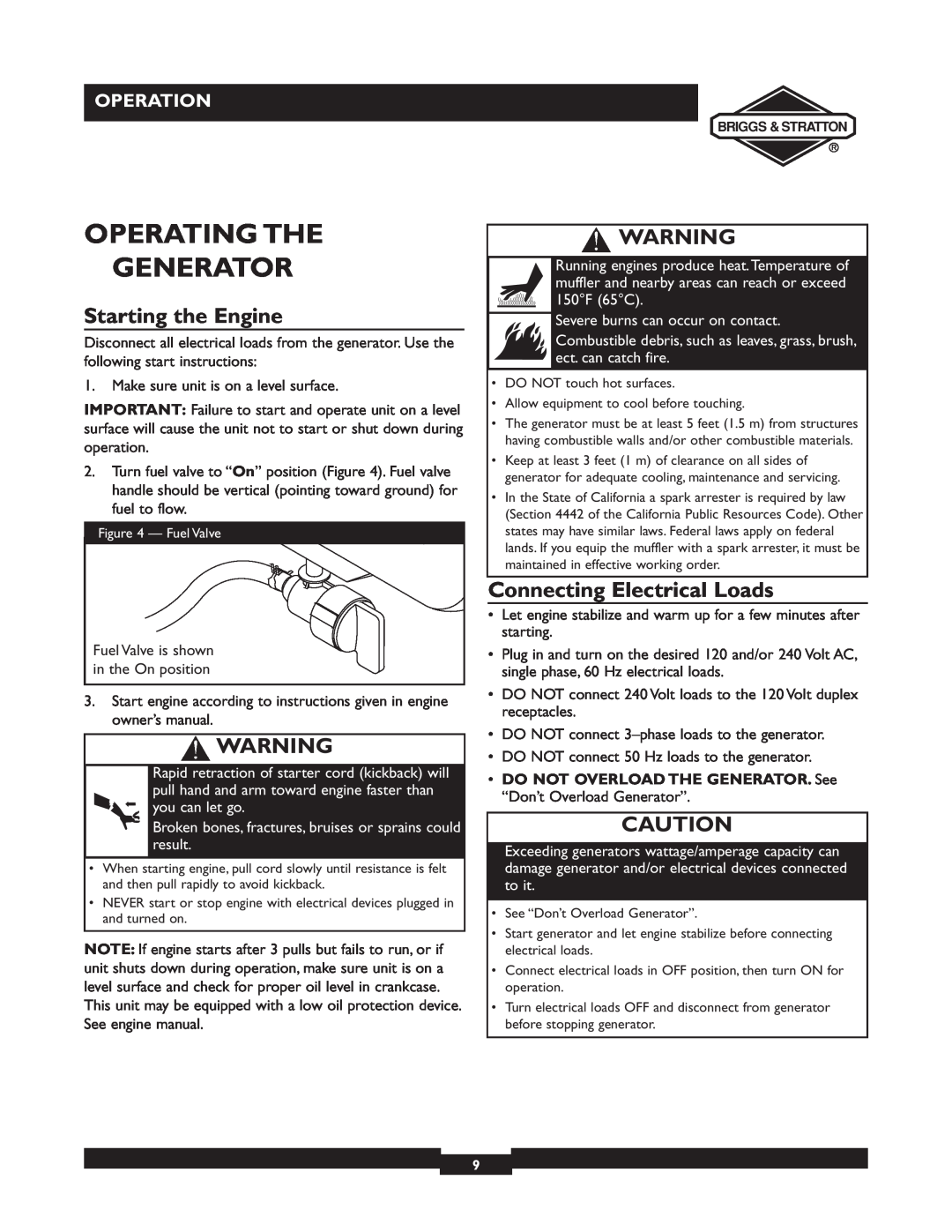 Briggs & Stratton 30238 owner manual Operating The Generator, Starting the Engine, Connecting Electrical Loads, Operation 