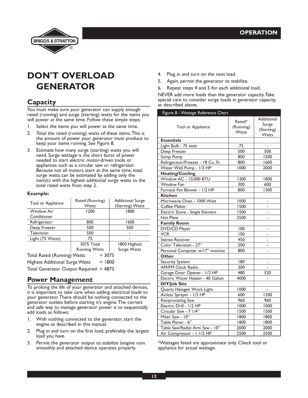 Briggs & Stratton 30238 owner manual Dont Overload Generator, Capacity, Power Management 