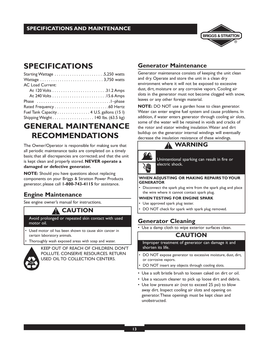 Briggs & Stratton 30238 Specifications, General Maintenance Recommendations, Engine Maintenance, Generator Maintenance 