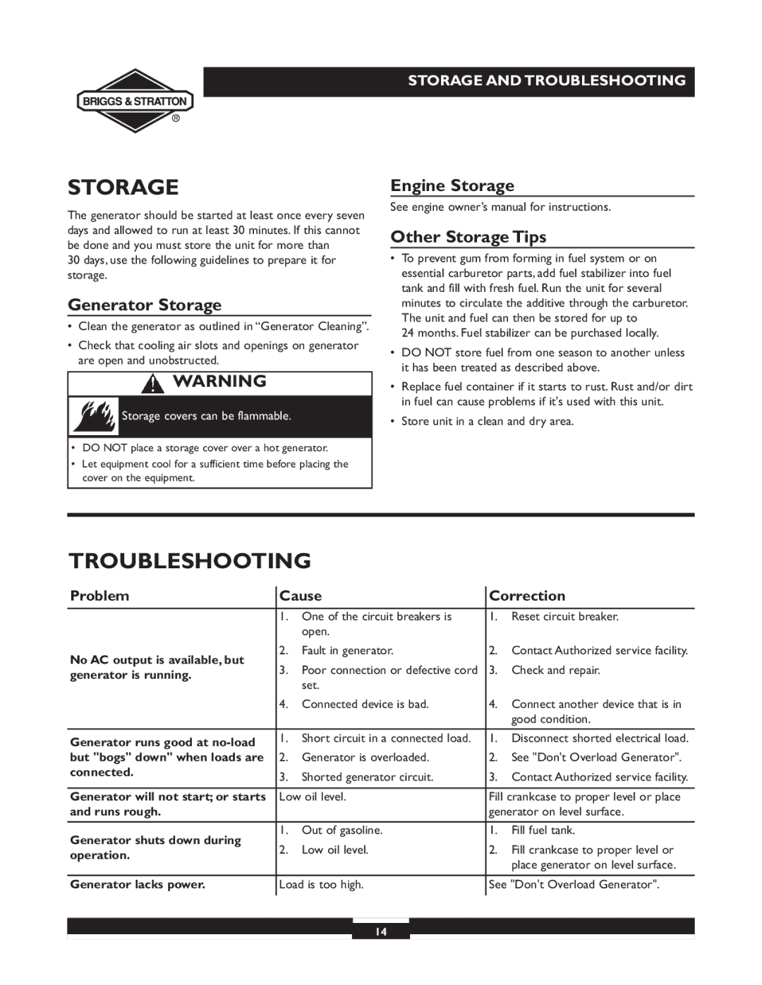 Briggs & Stratton 30238 owner manual Troubleshooting, Generator Storage, Engine Storage Other Storage Tips 