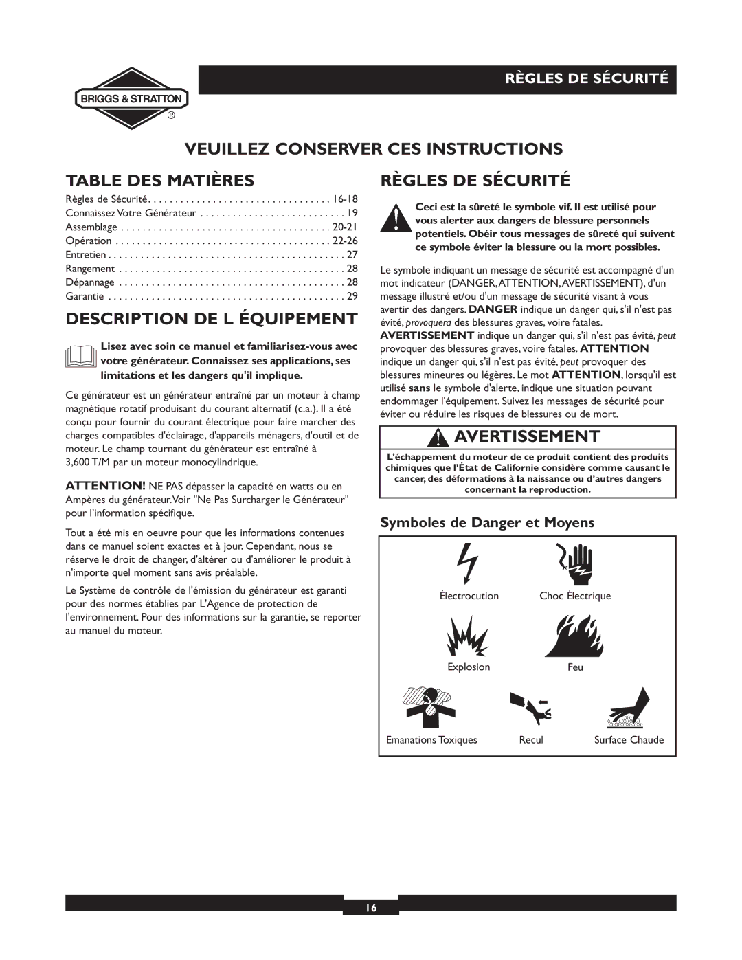 Briggs & Stratton 30238 Veuillez Conserver CES Instructions Table DES Matières, Description DE L Équipement, Avertissement 