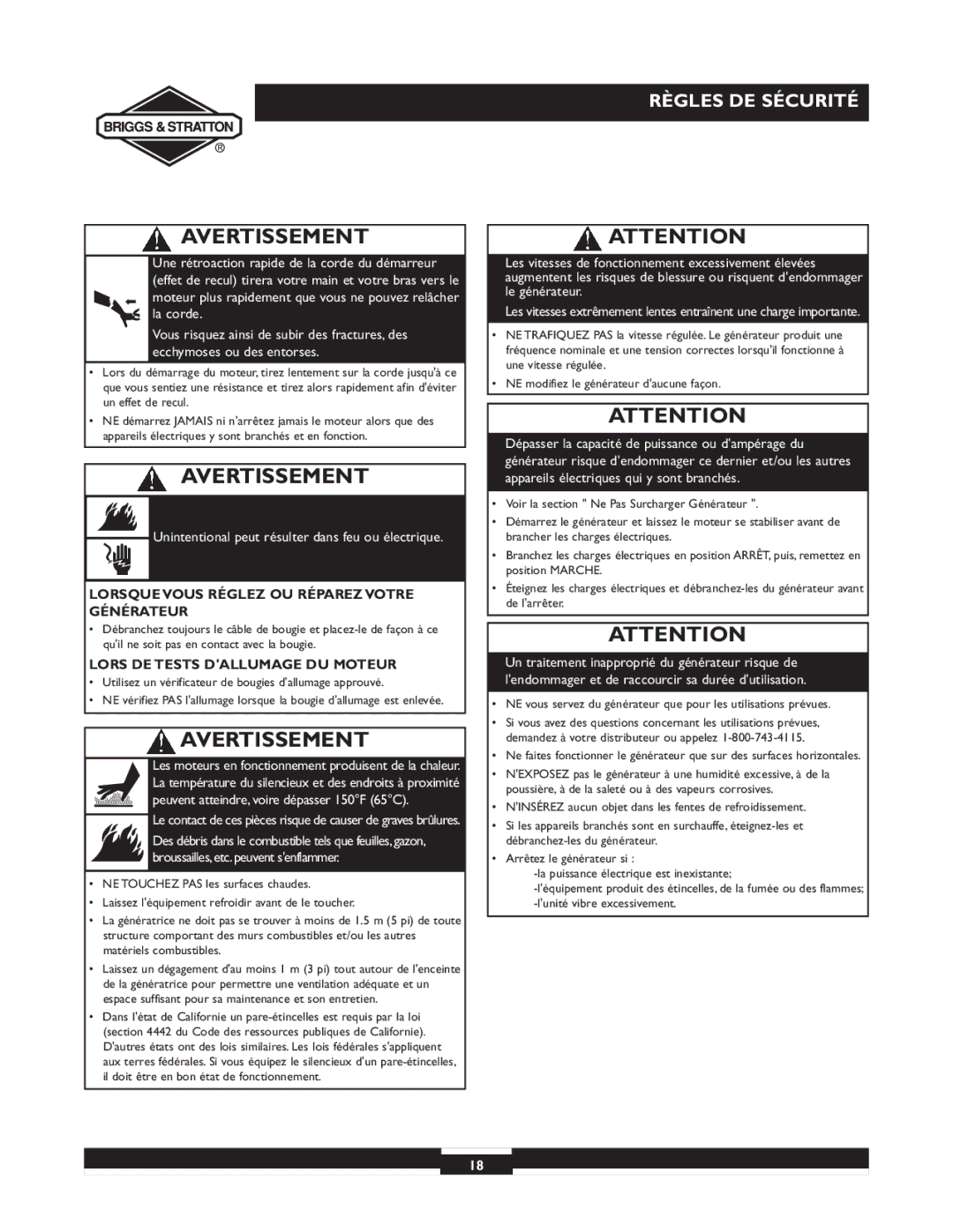 Briggs & Stratton 30238 owner manual Lorsque Vous Réglez OU Réparez Votre Générateur, Lors DE Tests Dallumage DU Moteur 