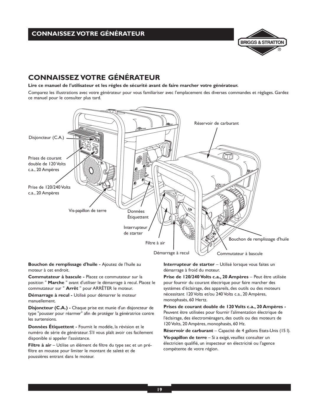 Briggs & Stratton 30238 owner manual Connaissez Votre Générateur, Bouchon de remplissage dhuile Ajoutez de lhuile au 