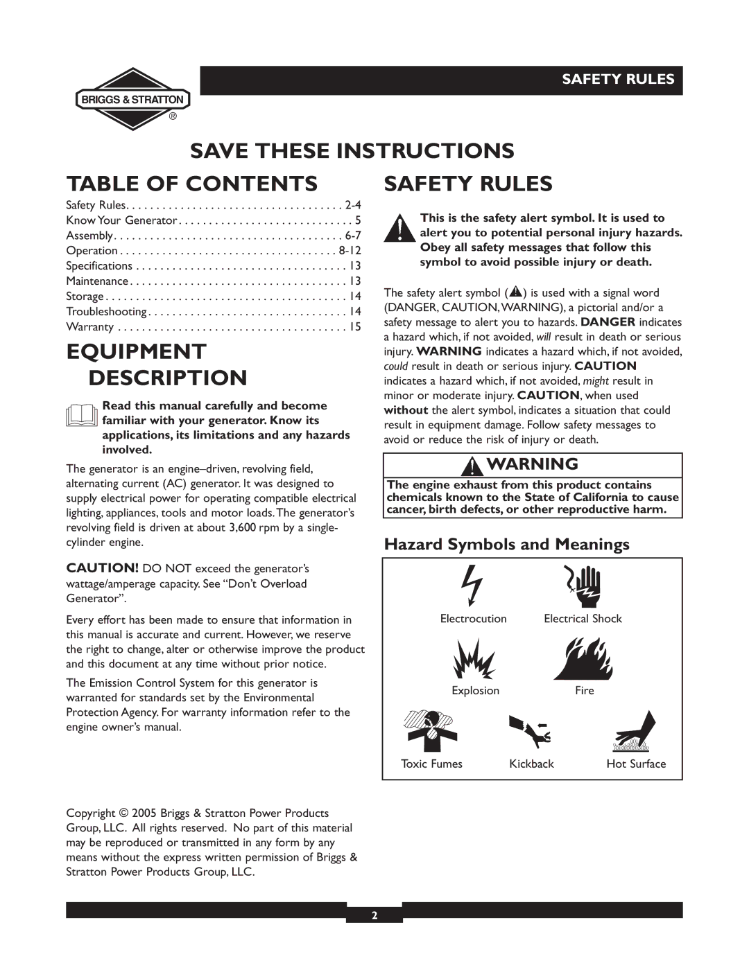 Briggs & Stratton 30238 owner manual Table of Contents, Equipment Description, Safety Rules 