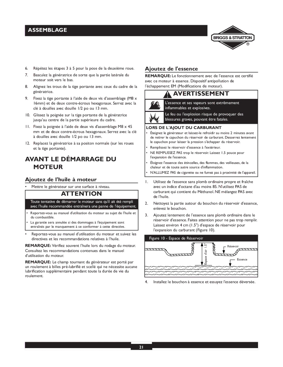 Briggs & Stratton 30238 owner manual Avant LE Démarrage DU Moteur, Ajoutez de lhuile à moteur, Ajoutez de lessence 