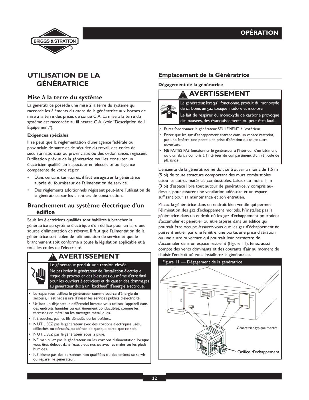 Briggs & Stratton 30238 Utilisation DE LA Génératrice, Mise à la terre du système, Emplacement de la Génératrice 