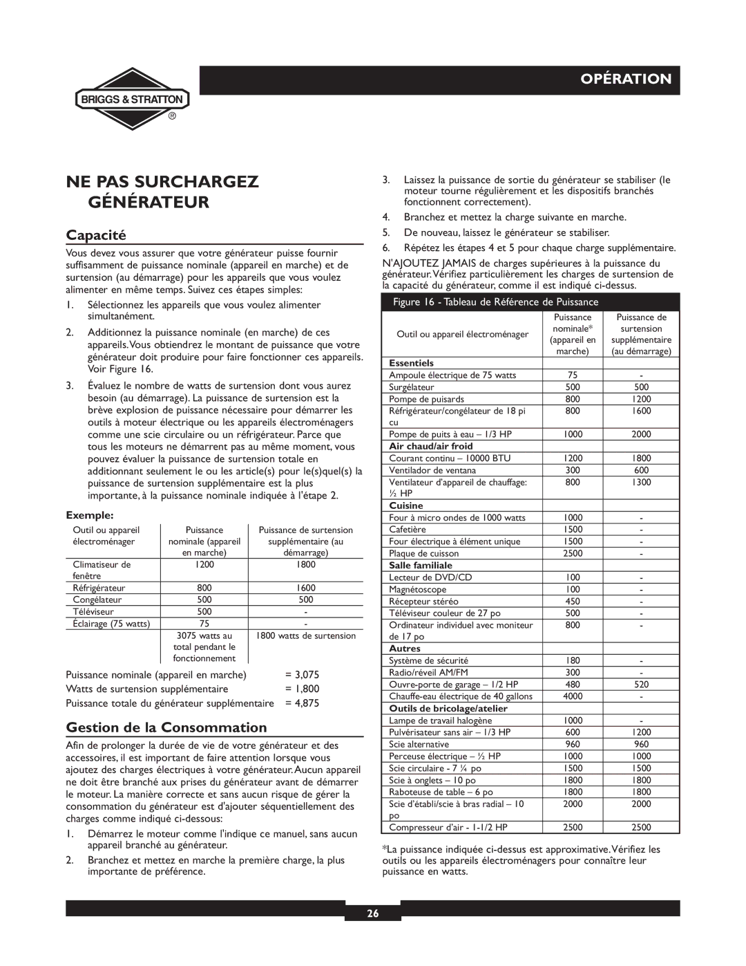 Briggs & Stratton 30238 owner manual NE PAS Surchargez Générateur, Capacité, Gestion de la Consommation, Exemple, = 3,075 