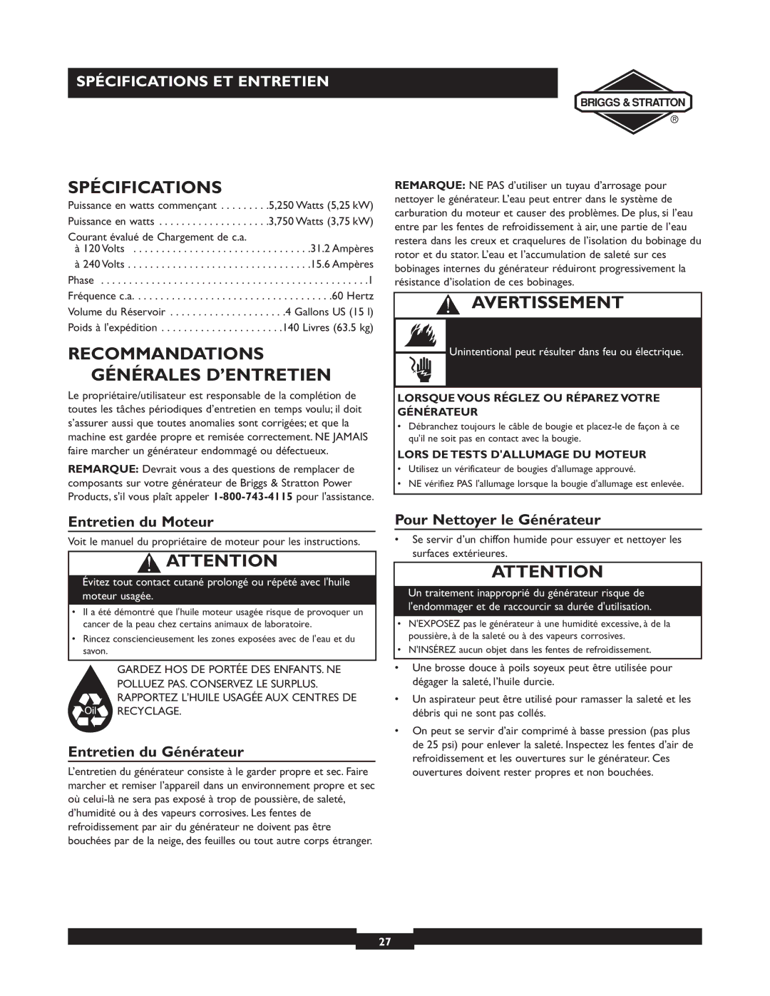 Briggs & Stratton 30238 owner manual Spécifications, Recommandations Générales D’ENTRETIEN, Entretien du Moteur 