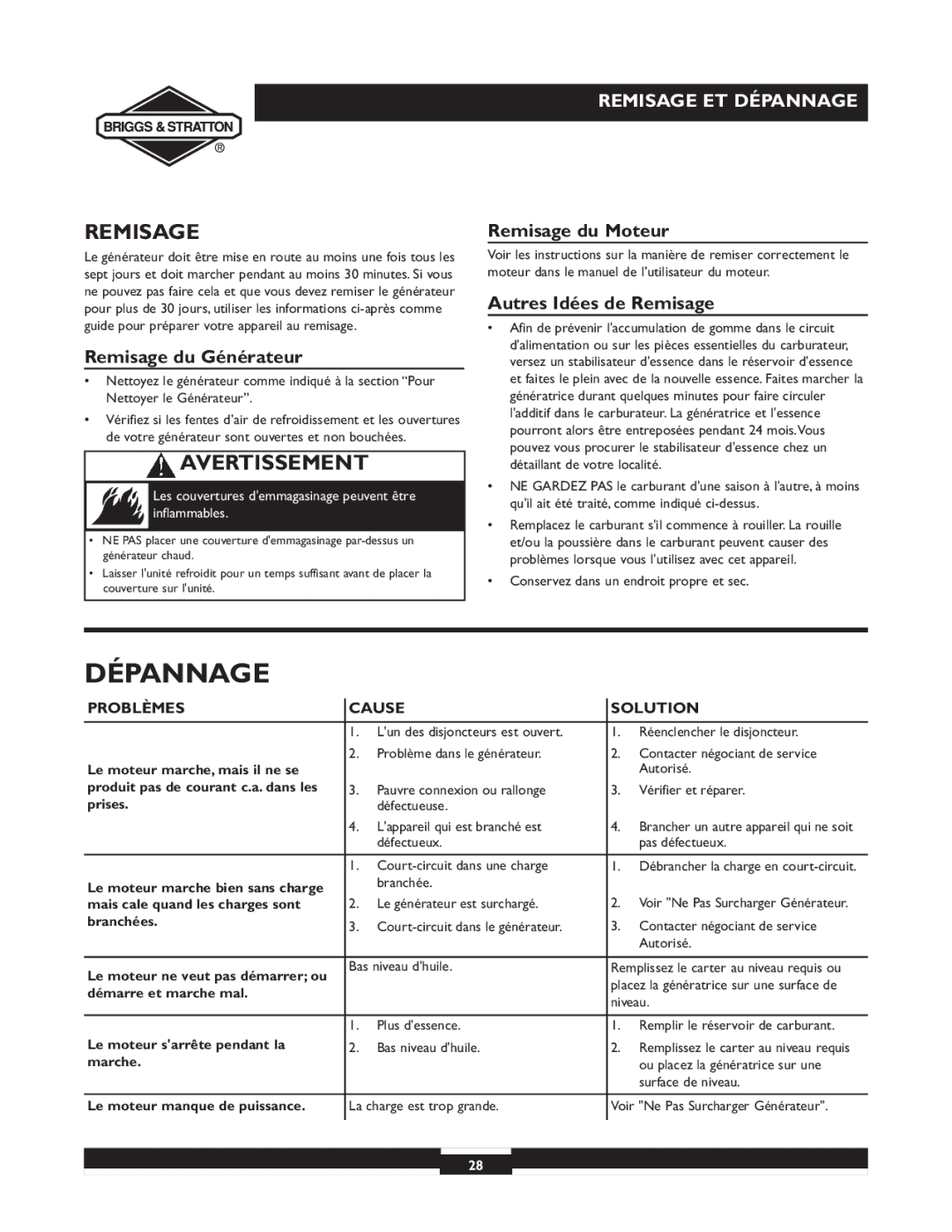 Briggs & Stratton 30238 owner manual Dépannage, Remisage du Générateur, Remisage du Moteur, Autres Idées de Remisage 